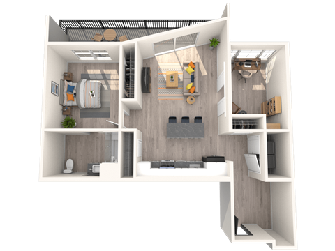 A 3D rendered image of a modern apartment layout.